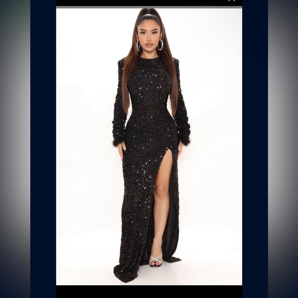 Fashion Nova Black Sequins Feather Dress